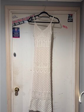 Freshman Cream Crochet Maxi Dress with Spaghetti Straps